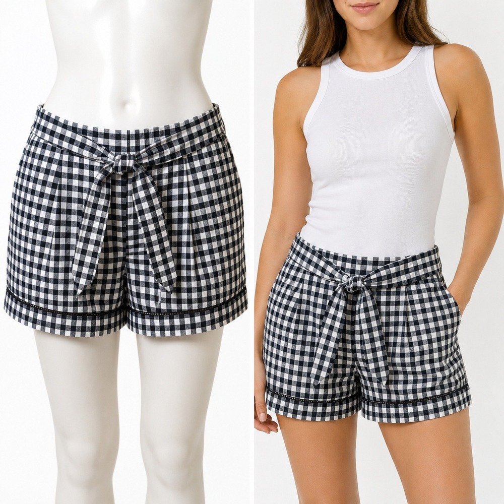 LOFT Shorts Womens Large Black White Gingham Cotton Tie Waist High‎ Rise Casual